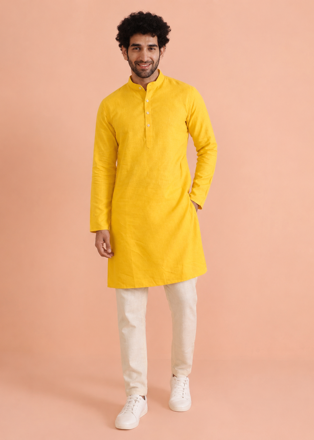 Sunshine Yellow Cotton Kurta with Cream Trouser Set