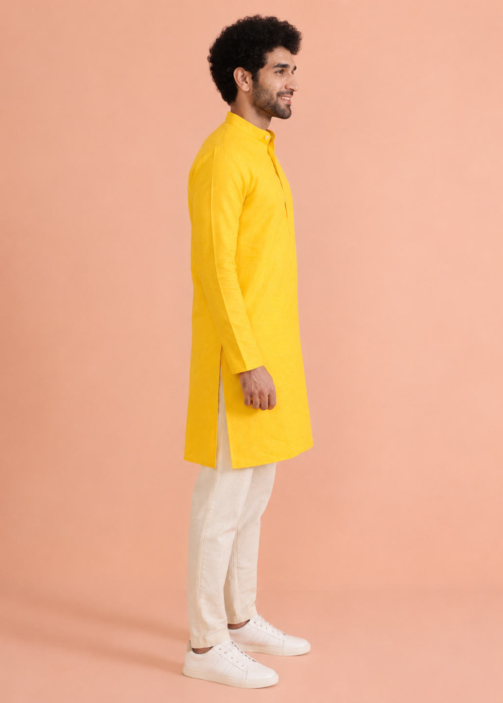 Sunshine Yellow Cotton Kurta with Cream Trouser Set