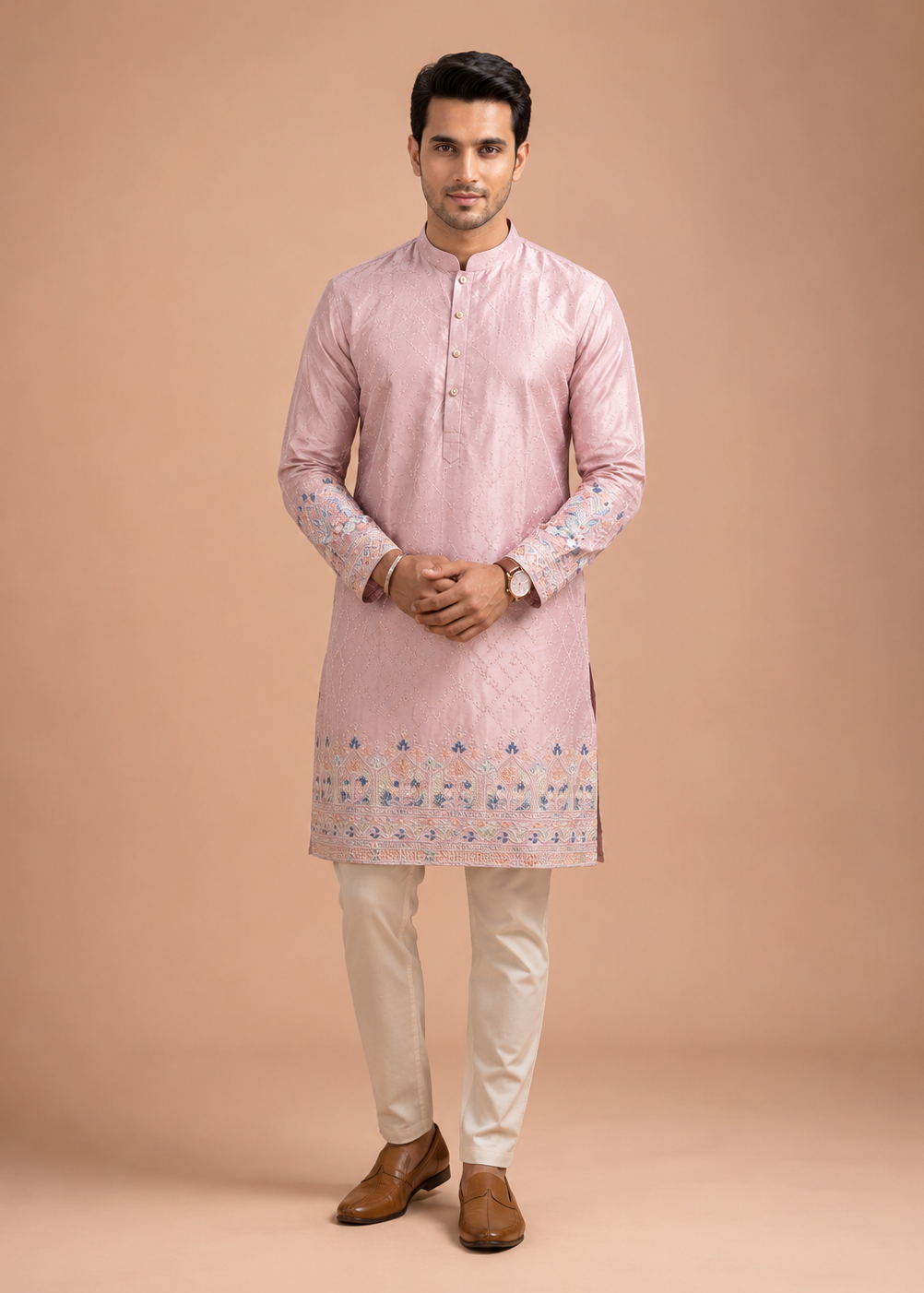 Pastel Pink Embroidered Kurta Set for Men