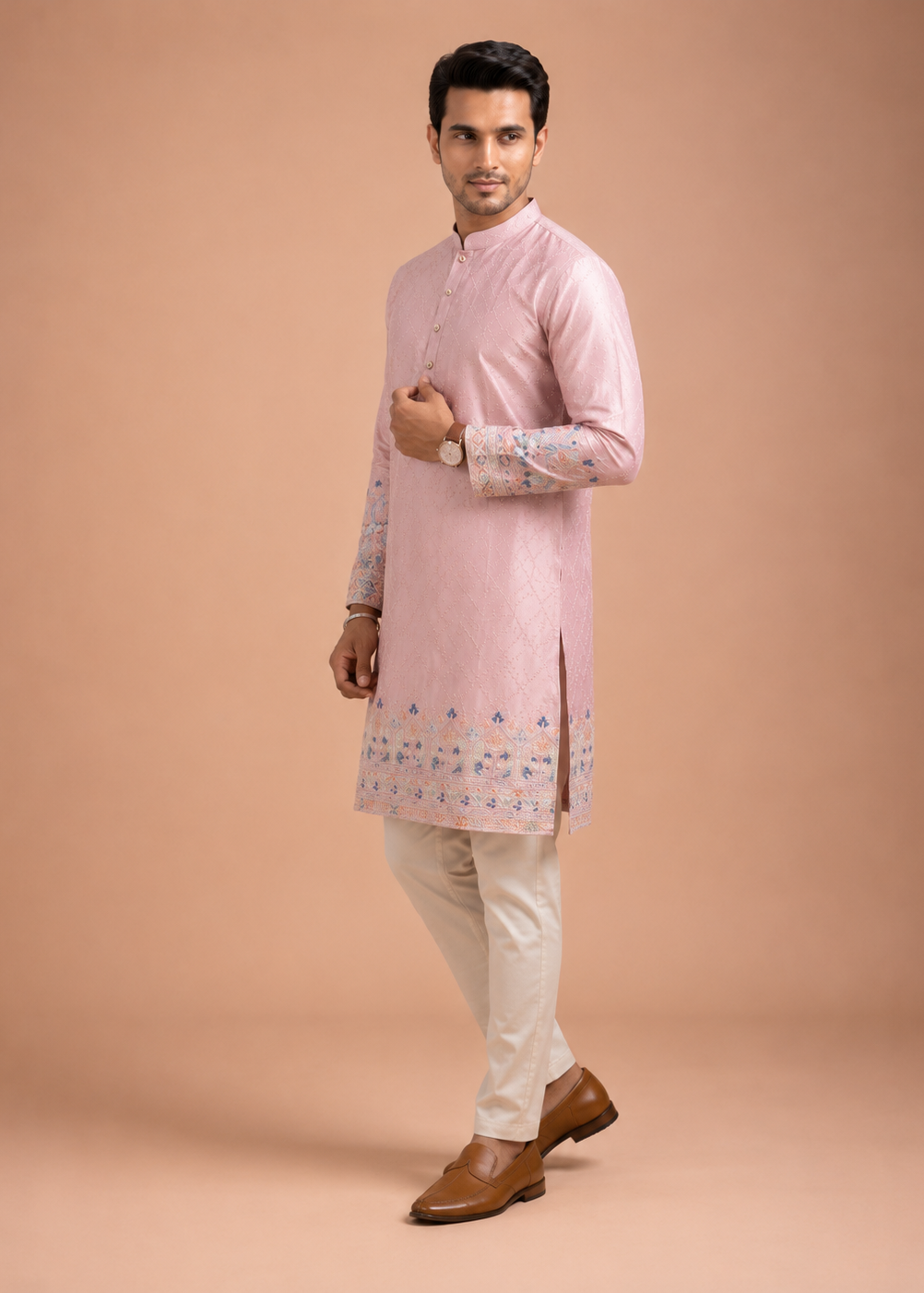 Pastel Pink Embroidered Kurta Set for Men