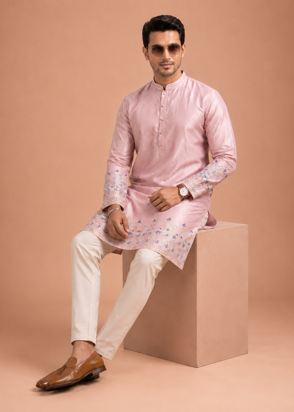 Pastel Pink Embroidered Kurta Set for Men