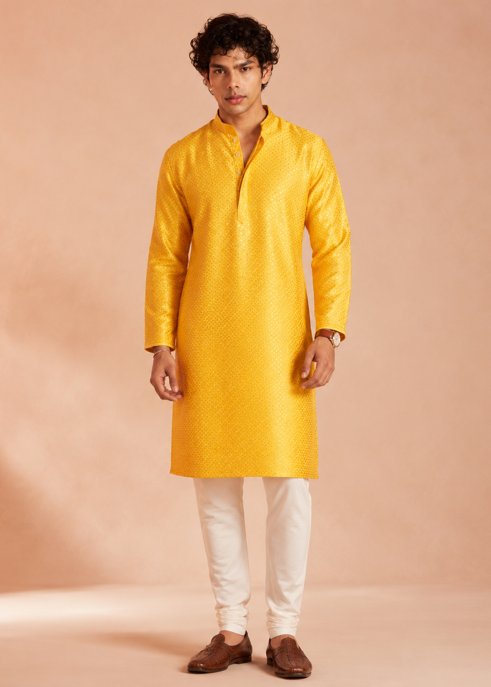 Men’s Yellow Jacquard Silk Kurta with Trouser Set