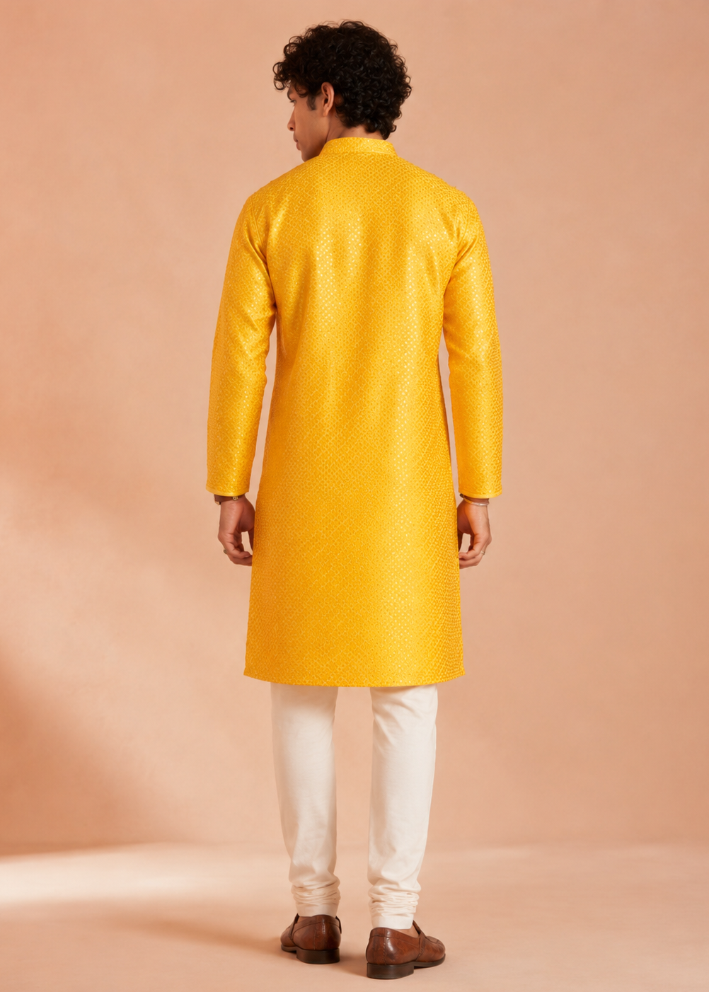 Men’s Yellow Jacquard Silk Kurta with Trouser Set