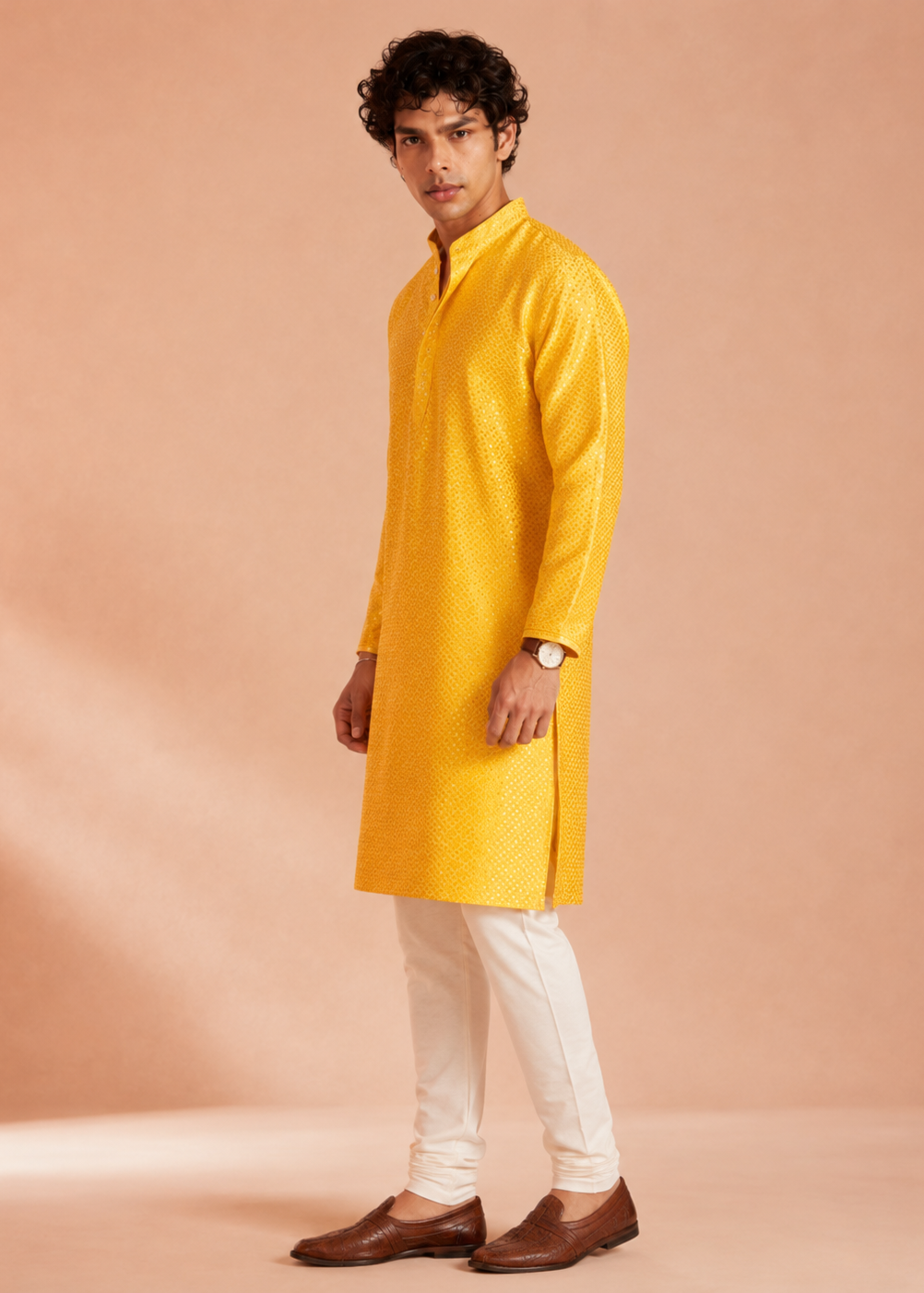 Men’s Yellow Jacquard Silk Kurta with Trouser Set