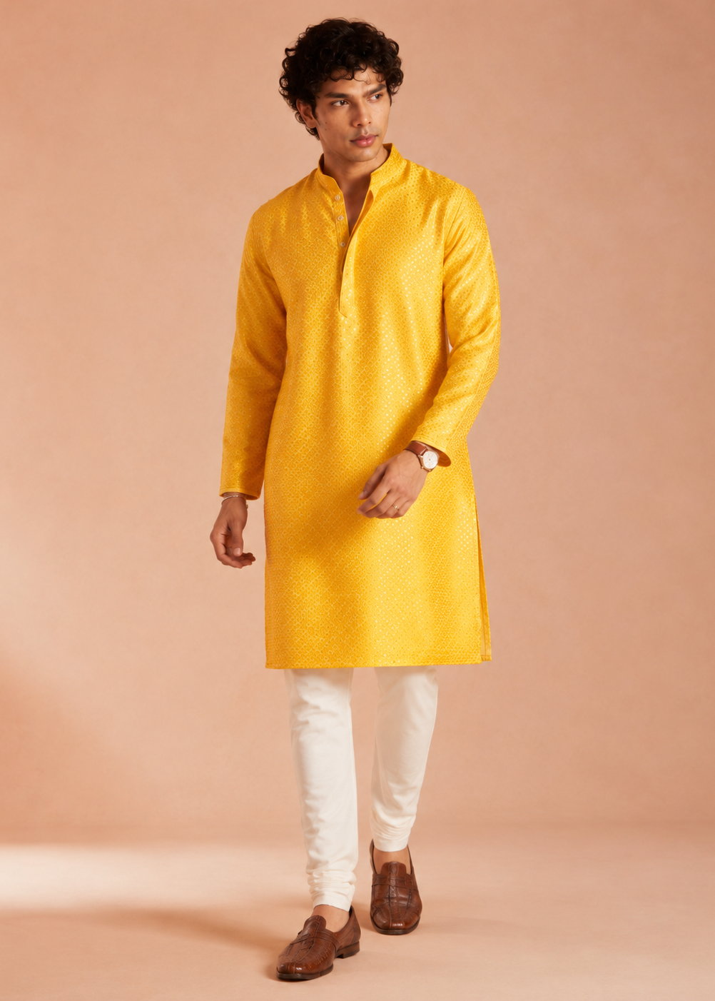 Men’s Yellow Jacquard Silk Kurta with Trouser Set