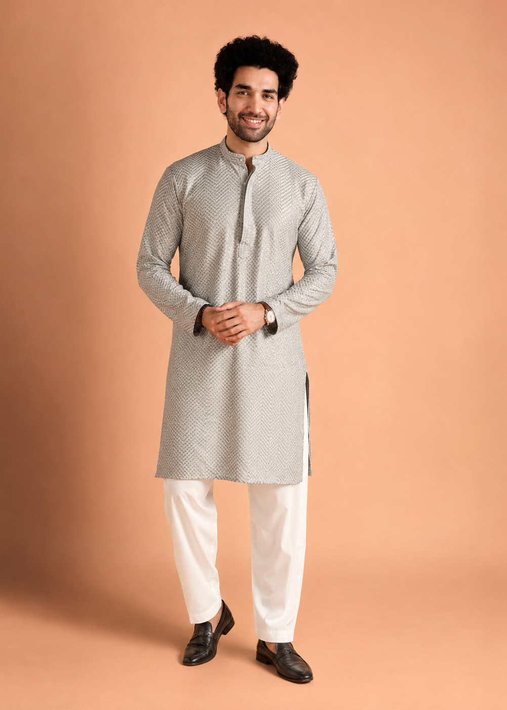 Men’s Silver Grey Textured Jacquard Kurta Trouser Set