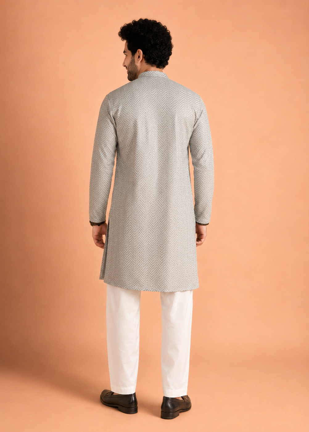 Men’s Silver Grey Textured Jacquard Kurta Trouser Set