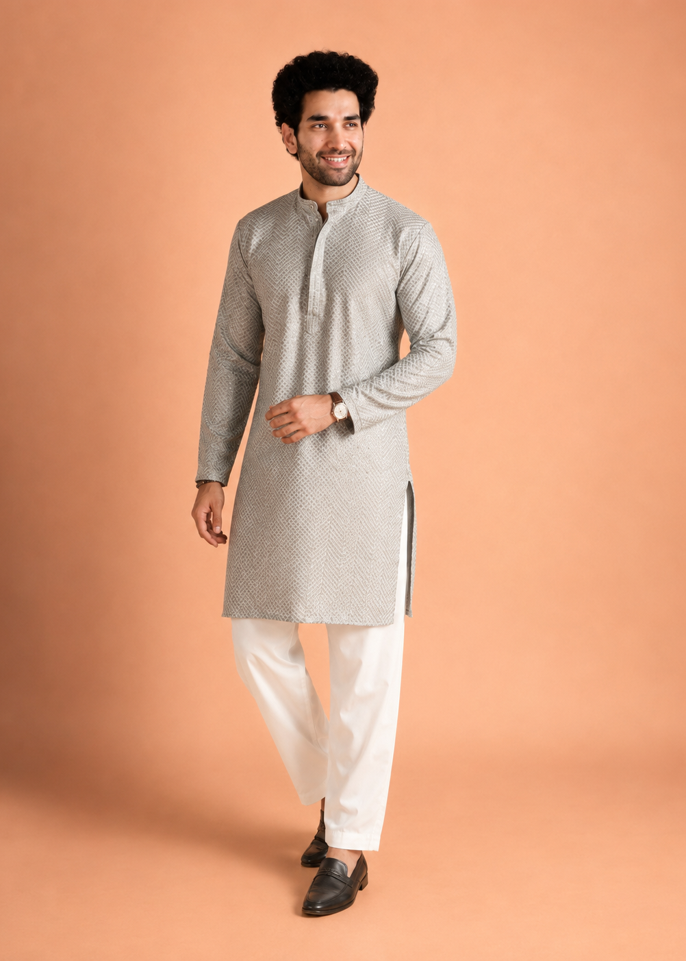 Men’s Silver Grey Textured Jacquard Kurta Trouser Set