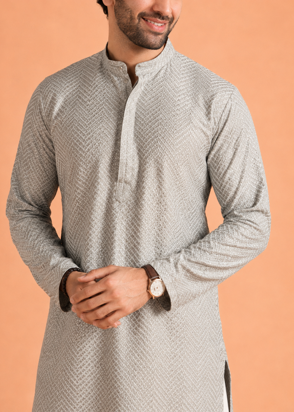 Men’s Silver Grey Textured Jacquard Kurta Trouser Set