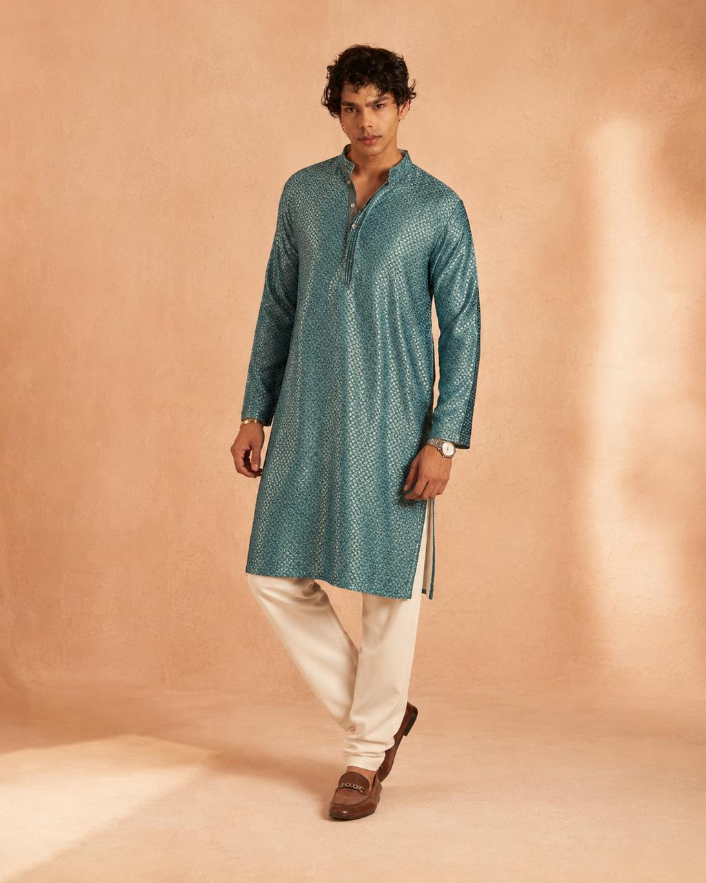 Teal Blue Textured Jacquard Kurta Trouer Set