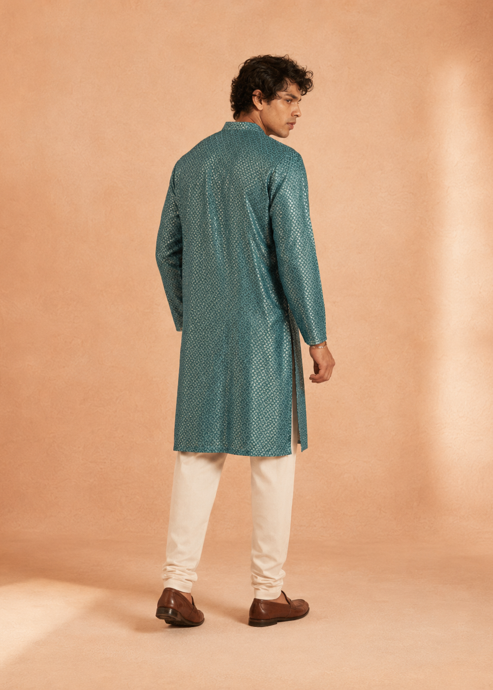 Teal Blue Textured Jacquard Kurta Trouer Set