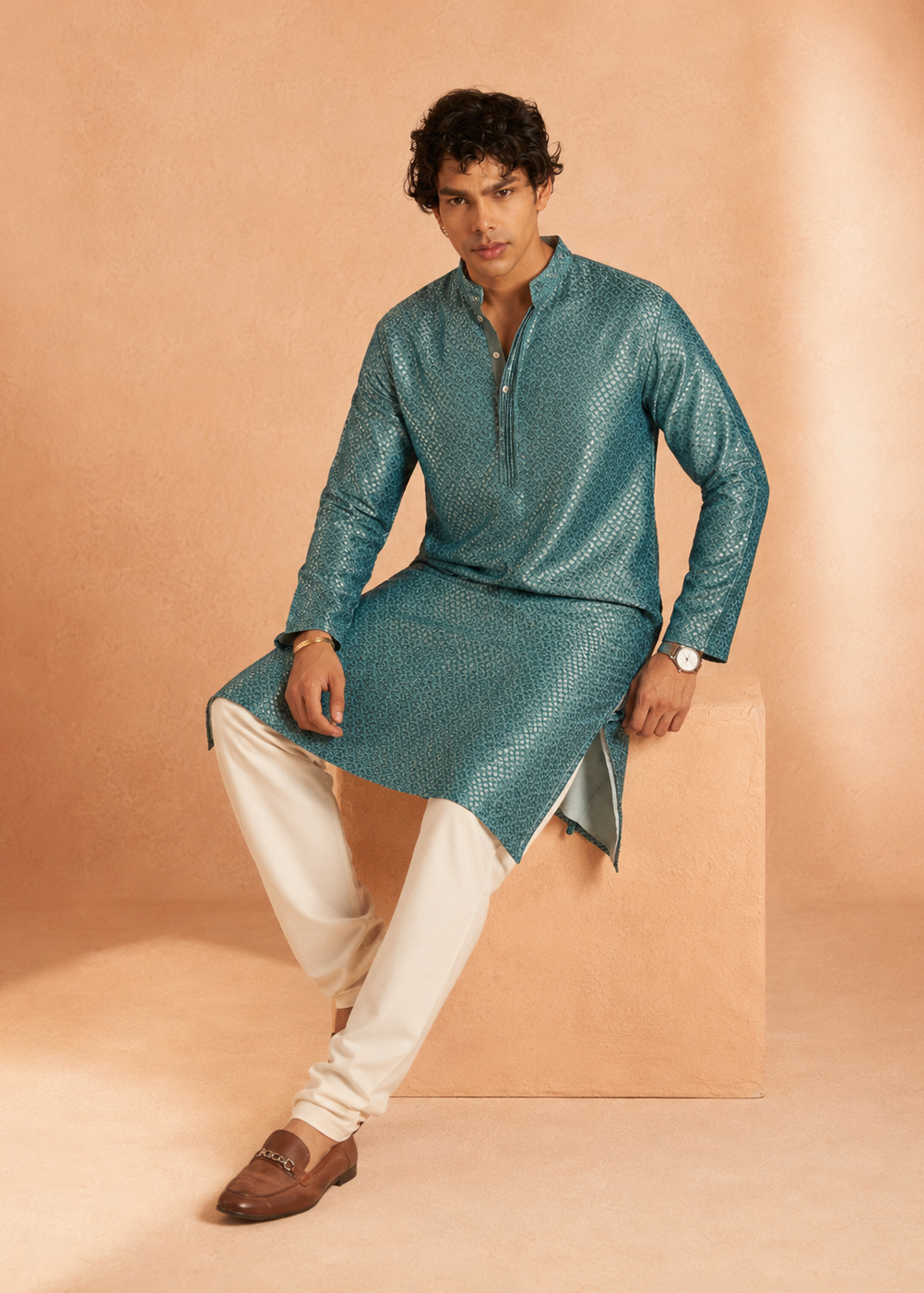 Teal Blue Textured Jacquard Kurta Trouer Set