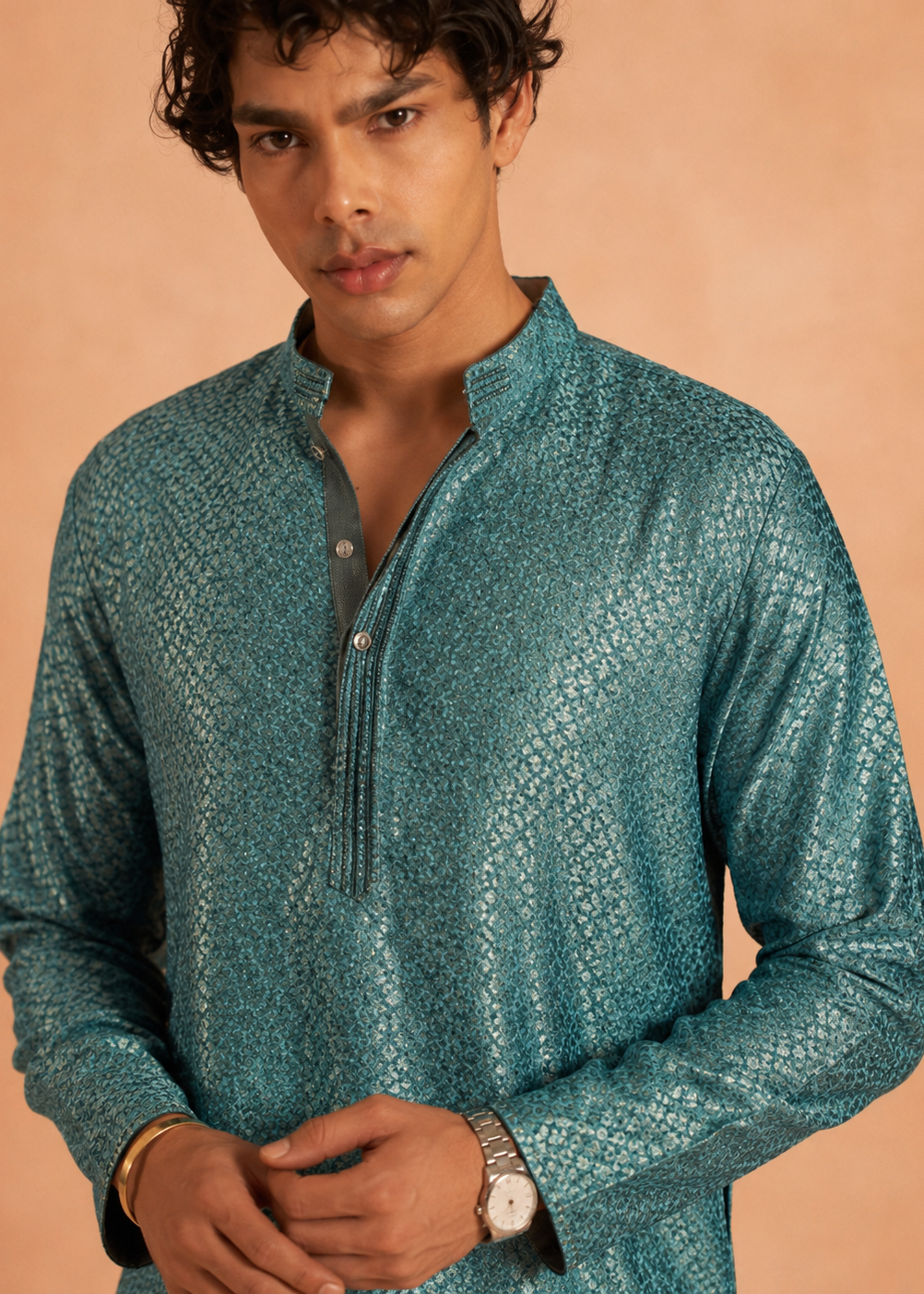 Teal Blue Textured Jacquard Kurta Trouer Set