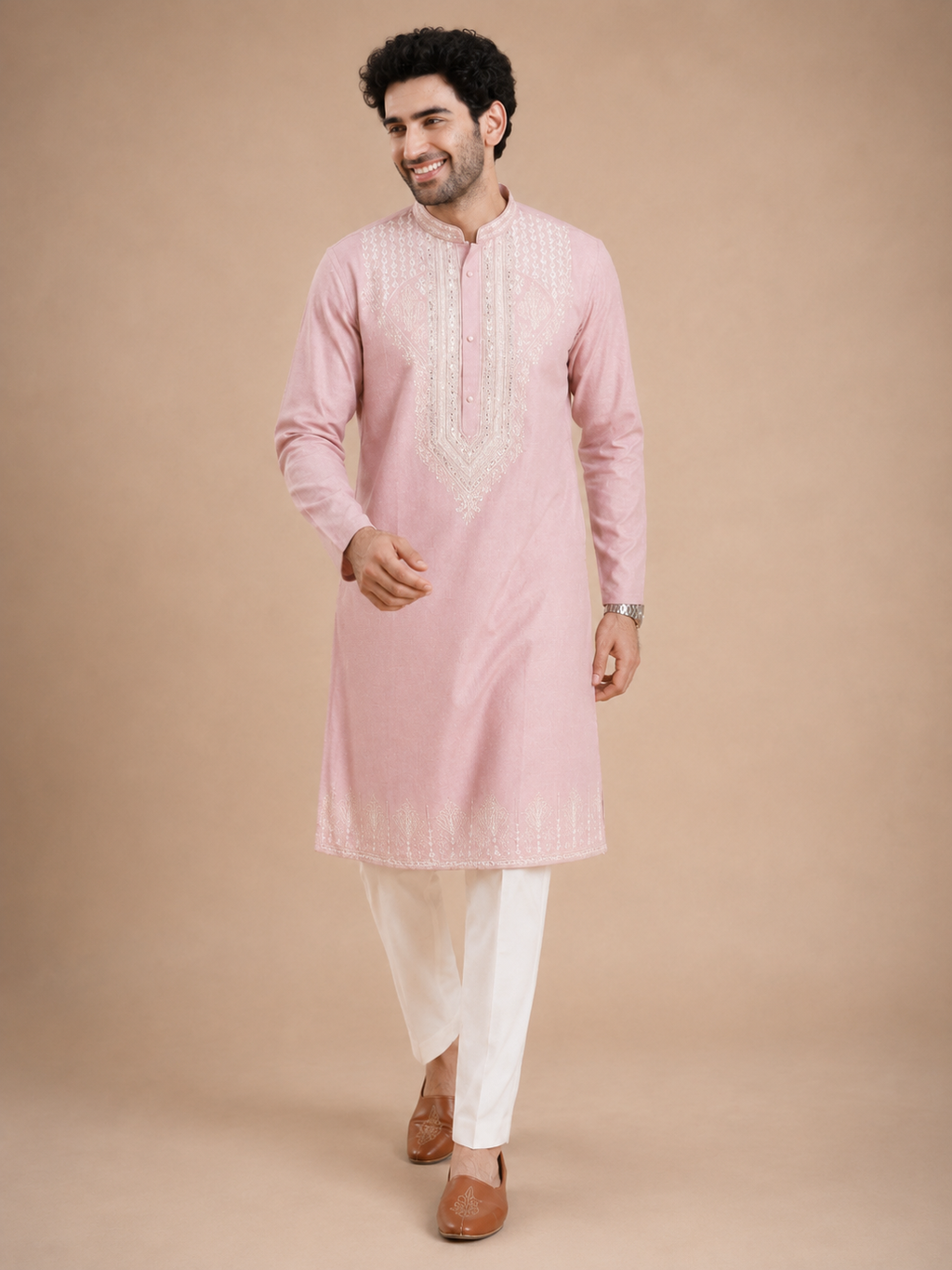 Light Pink Embroidered Men’s Kurta with Polo Pant Set