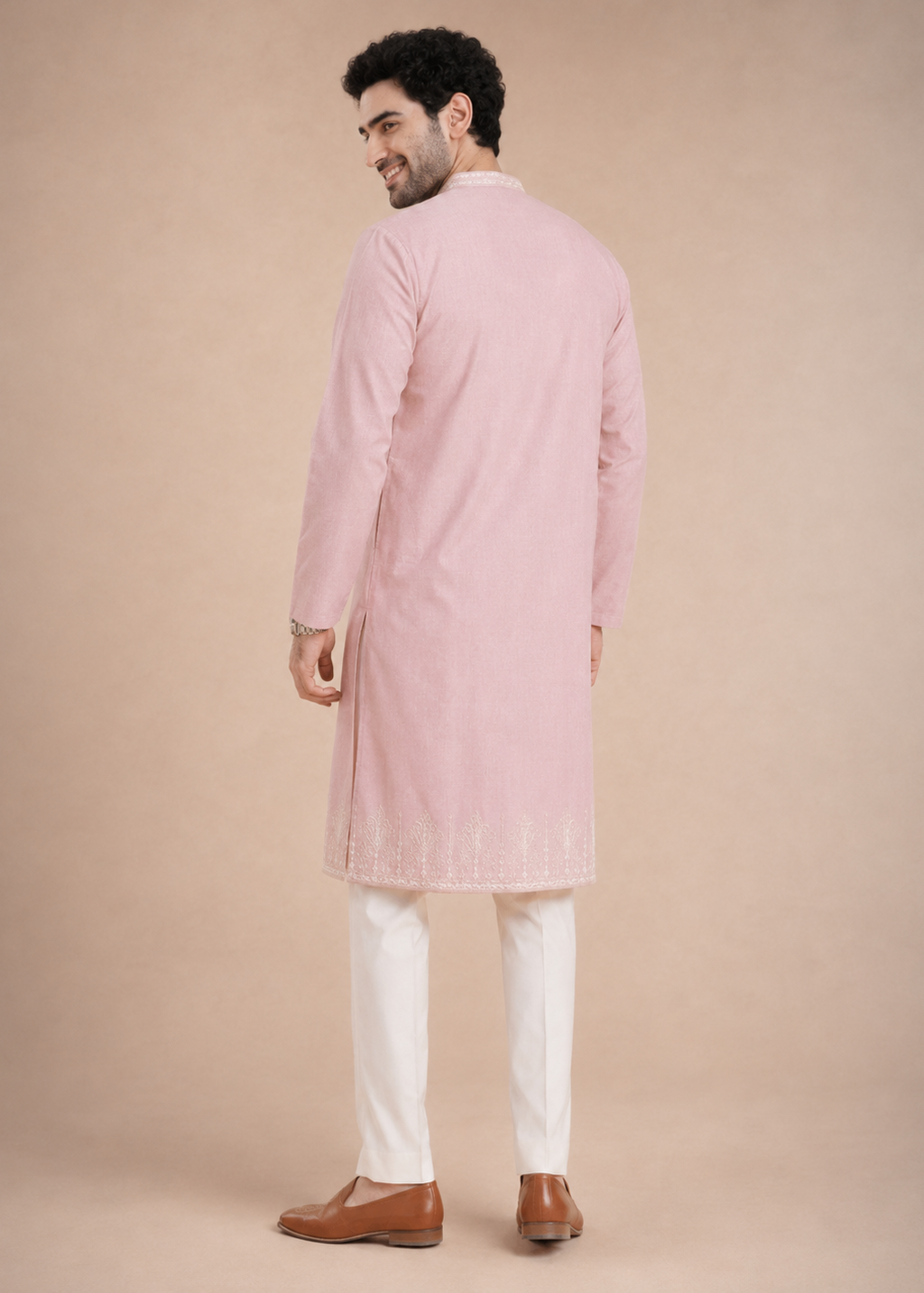 Light Pink Embroidered Men’s Kurta with Polo Pant Set