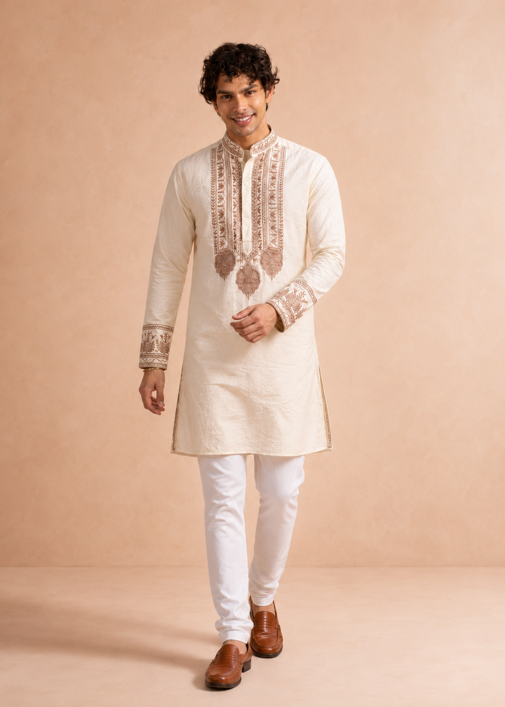 Ivory Cream Embroidered Kurta with Pant Set