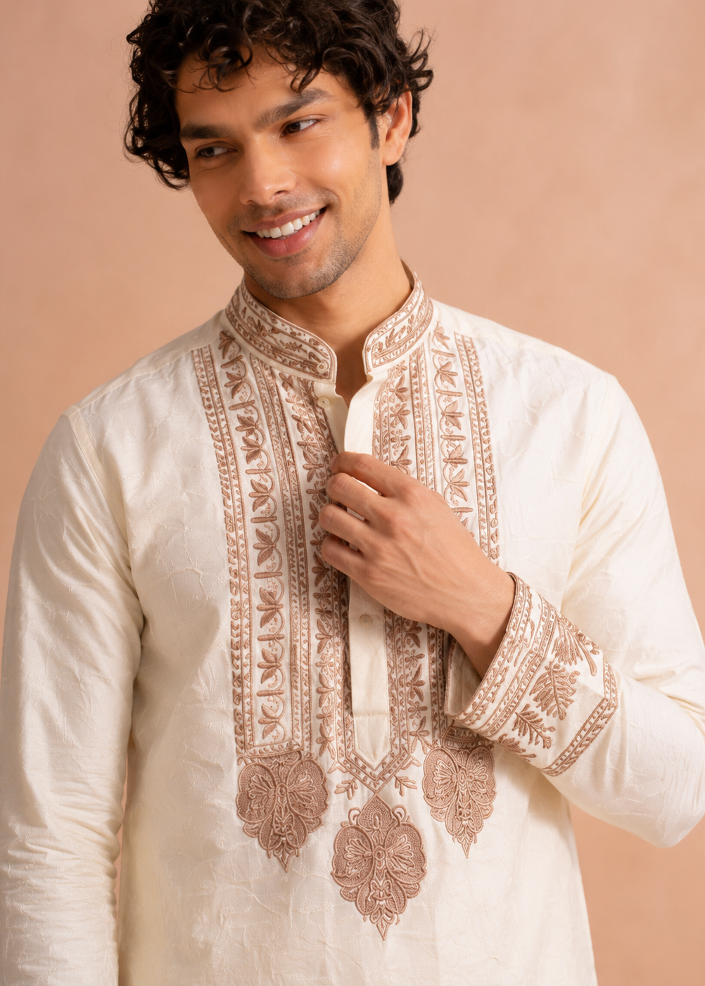 Ivory Cream Embroidered Kurta with Pant Set