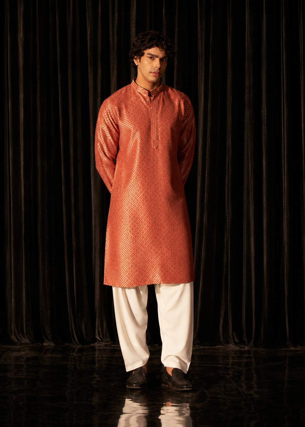 Men Copper Luxe Jacquard Kurta with Trouser Set