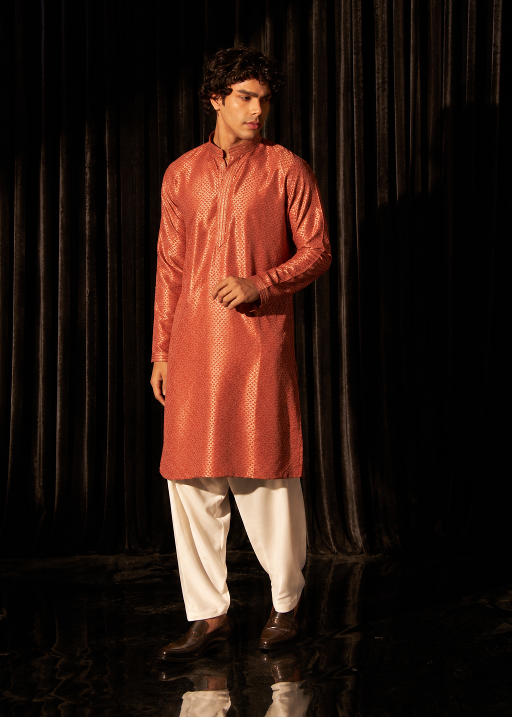 Men Copper Luxe Jacquard Kurta with Trouser Set