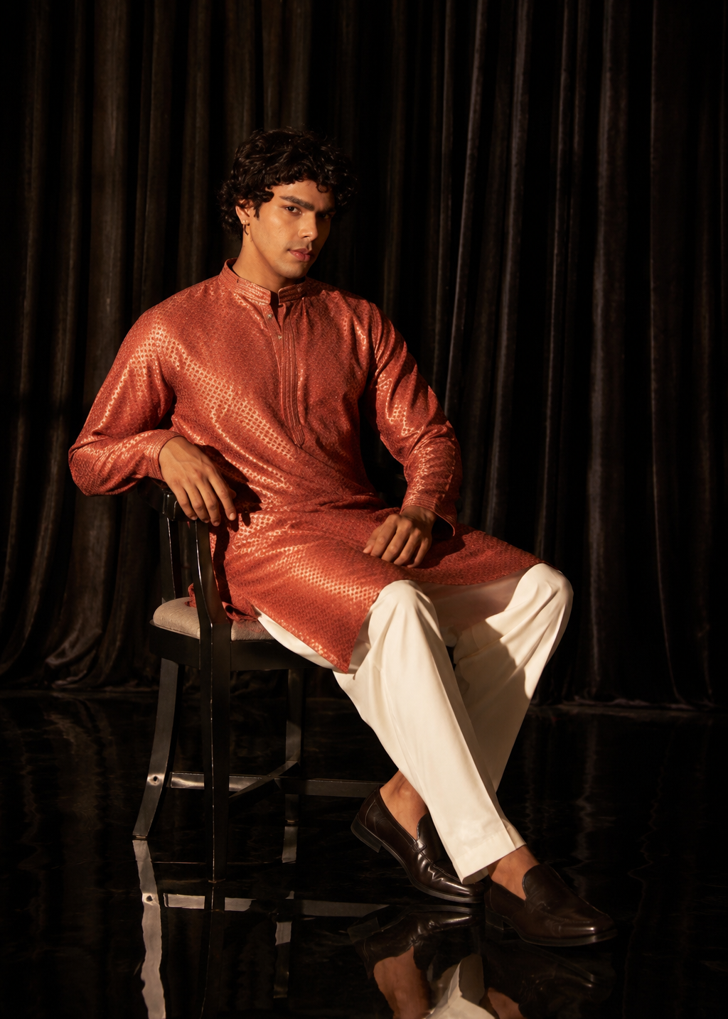 Men Copper Luxe Jacquard Kurta with Trouser Set