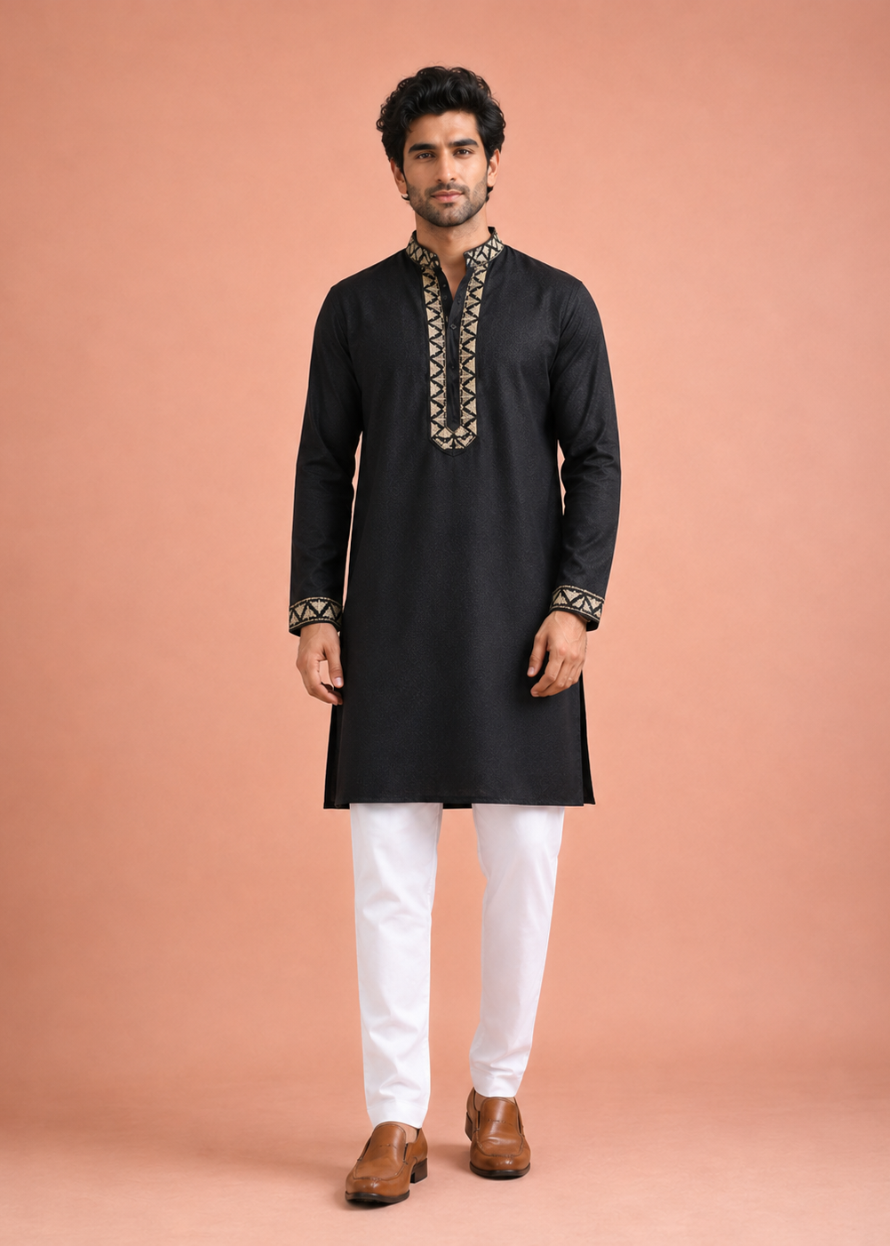 Men Midnight Black Embroidered Kurta Pant Set