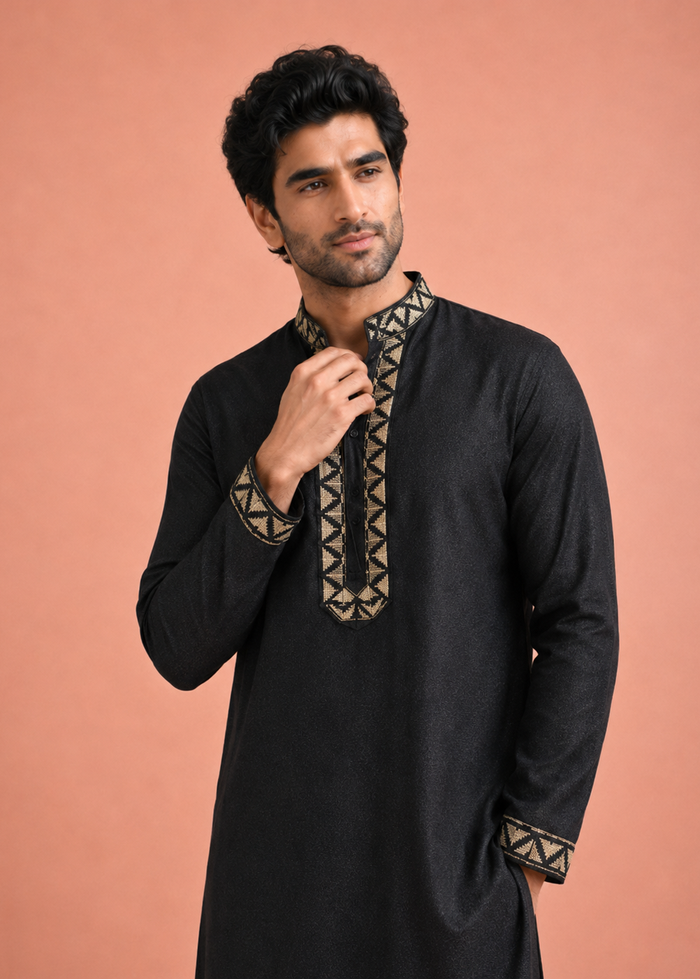 Men Midnight Black Embroidered Kurta Pant Set