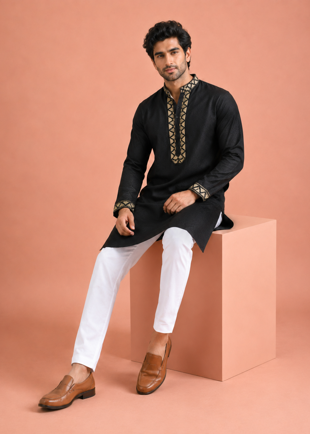 Men Midnight Black Embroidered Kurta Pant Set