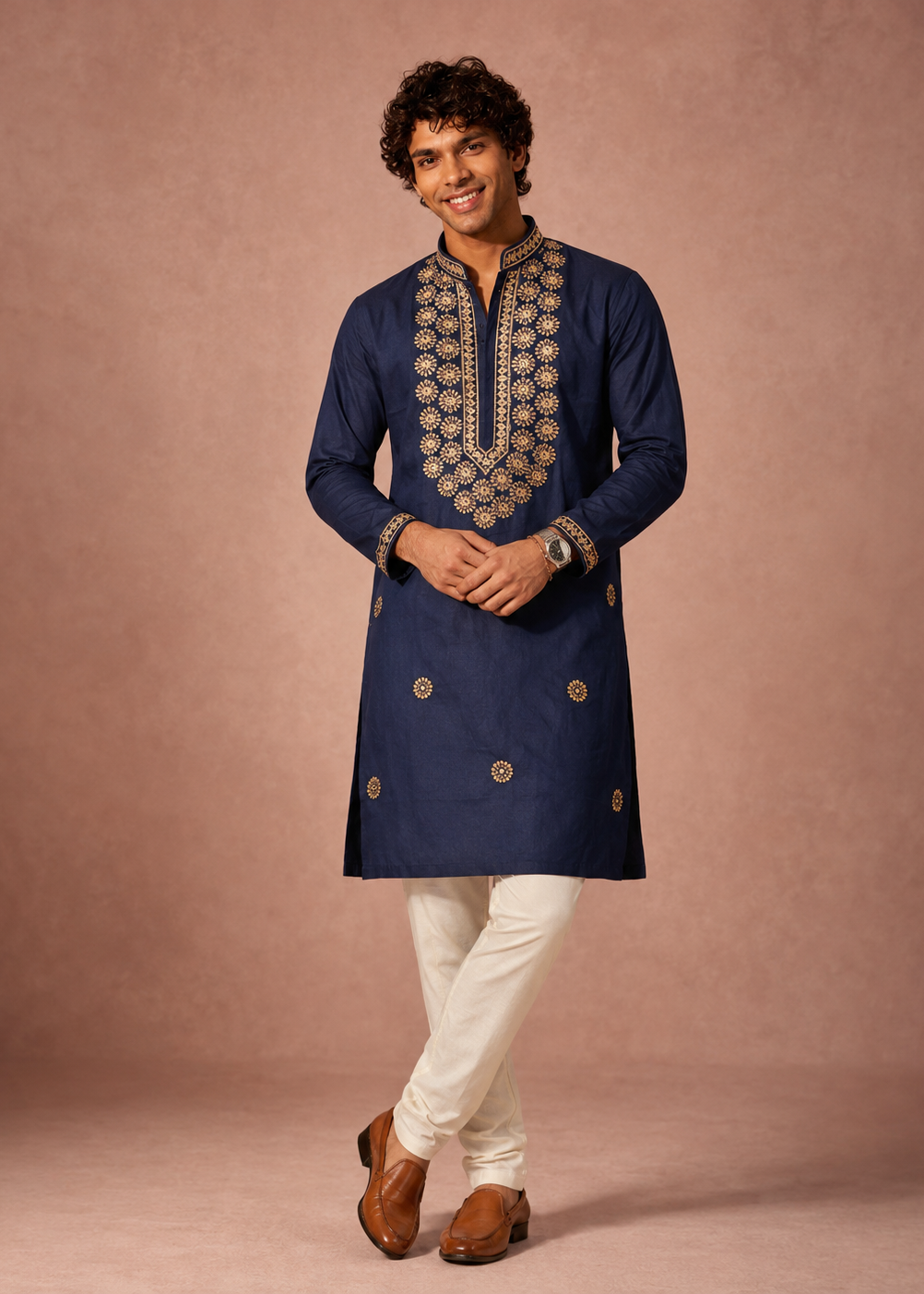 Men Navy Blue Embroidered Kurta Set with Cream Churidar