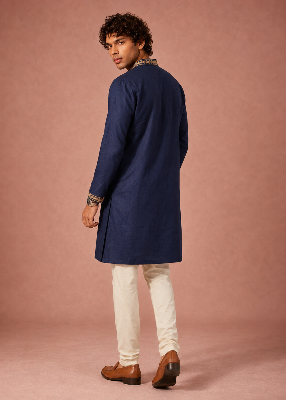 Men Navy Blue Embroidered Kurta Set with Cream Churidar