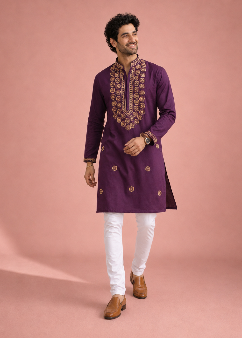 Men Plum Purple Embroidered Kurta Set with White Pant
