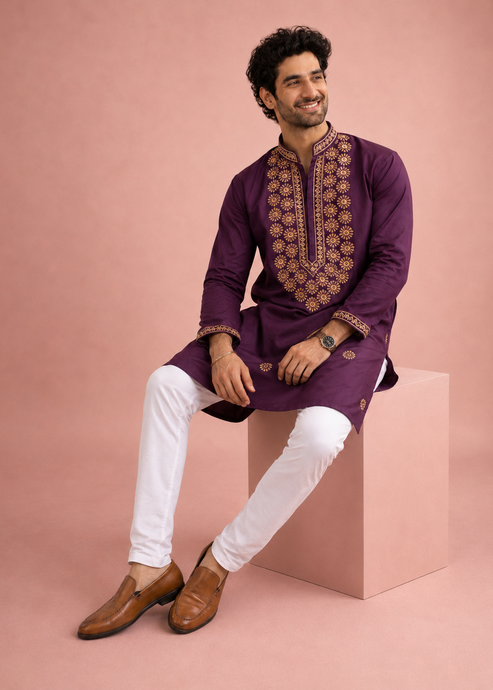 Men Plum Purple Embroidered Kurta Set with White Pant