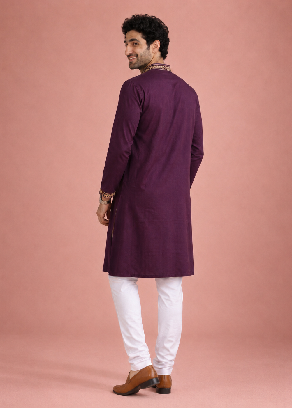 Men Plum Purple Embroidered Kurta Set with White Pant