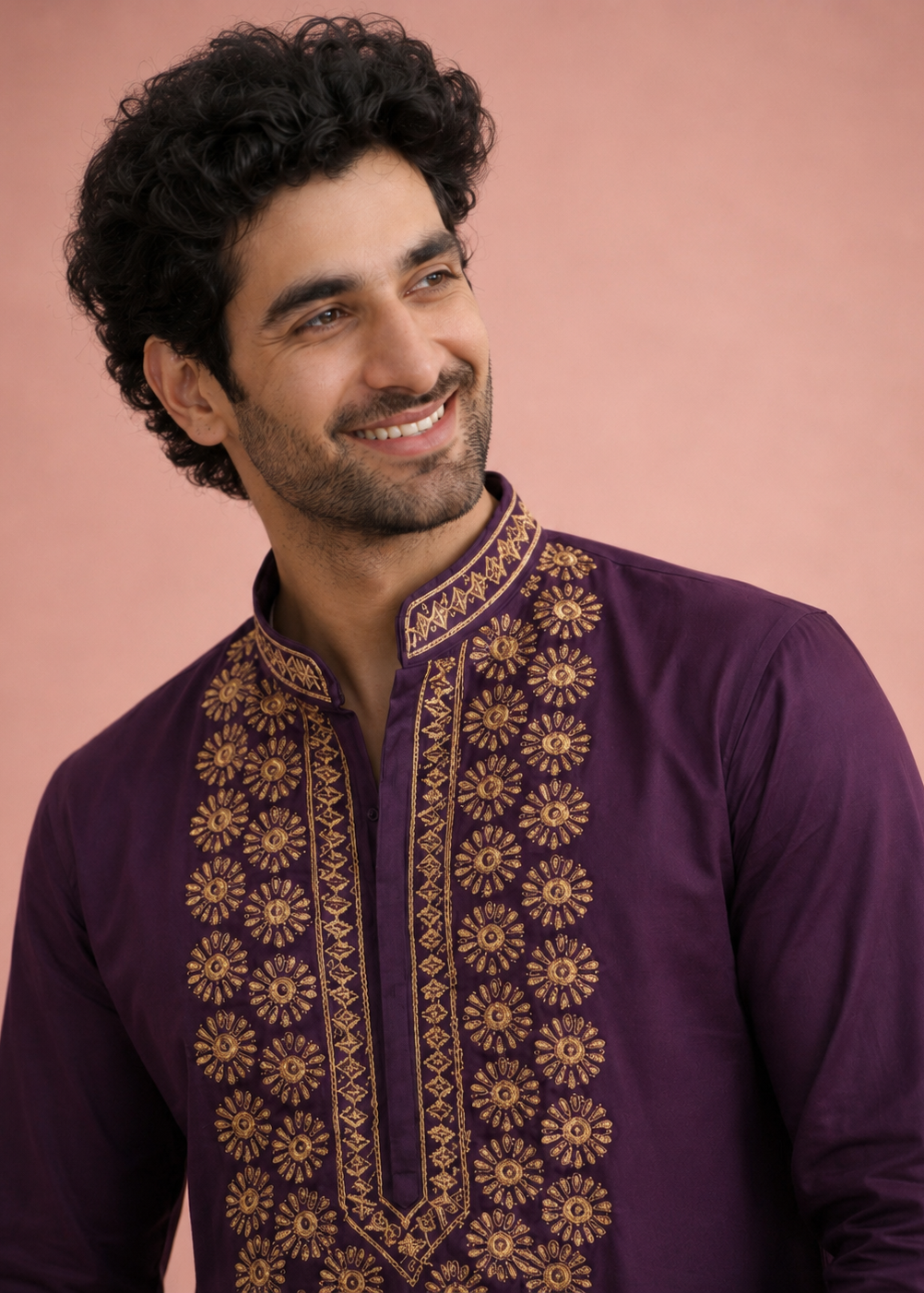 Men Plum Purple Embroidered Kurta Set with White Pant