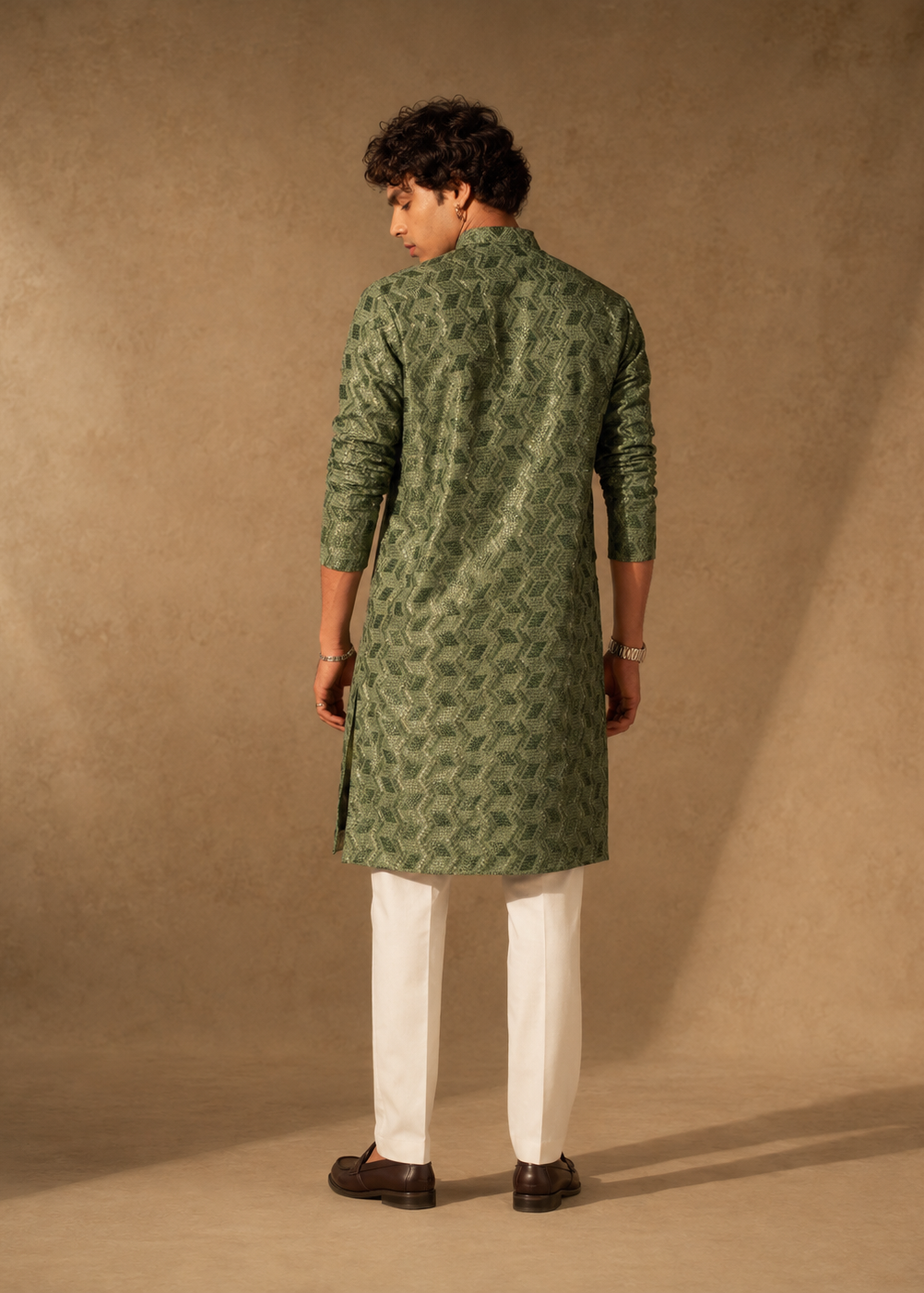 Men’s Olive Green Geometric Jacquard Kurta with White Trousers