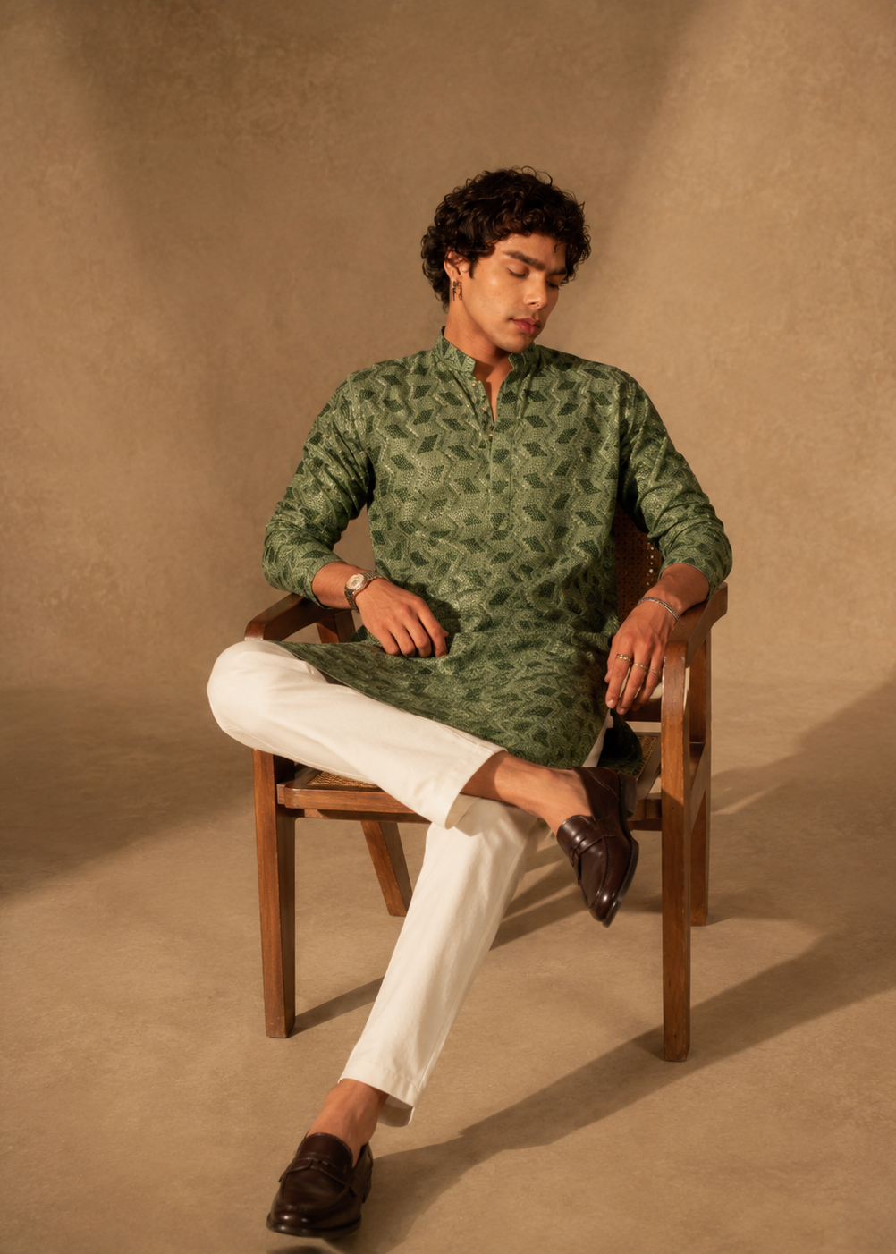 Men’s Olive Green Geometric Jacquard Kurta with White Trousers