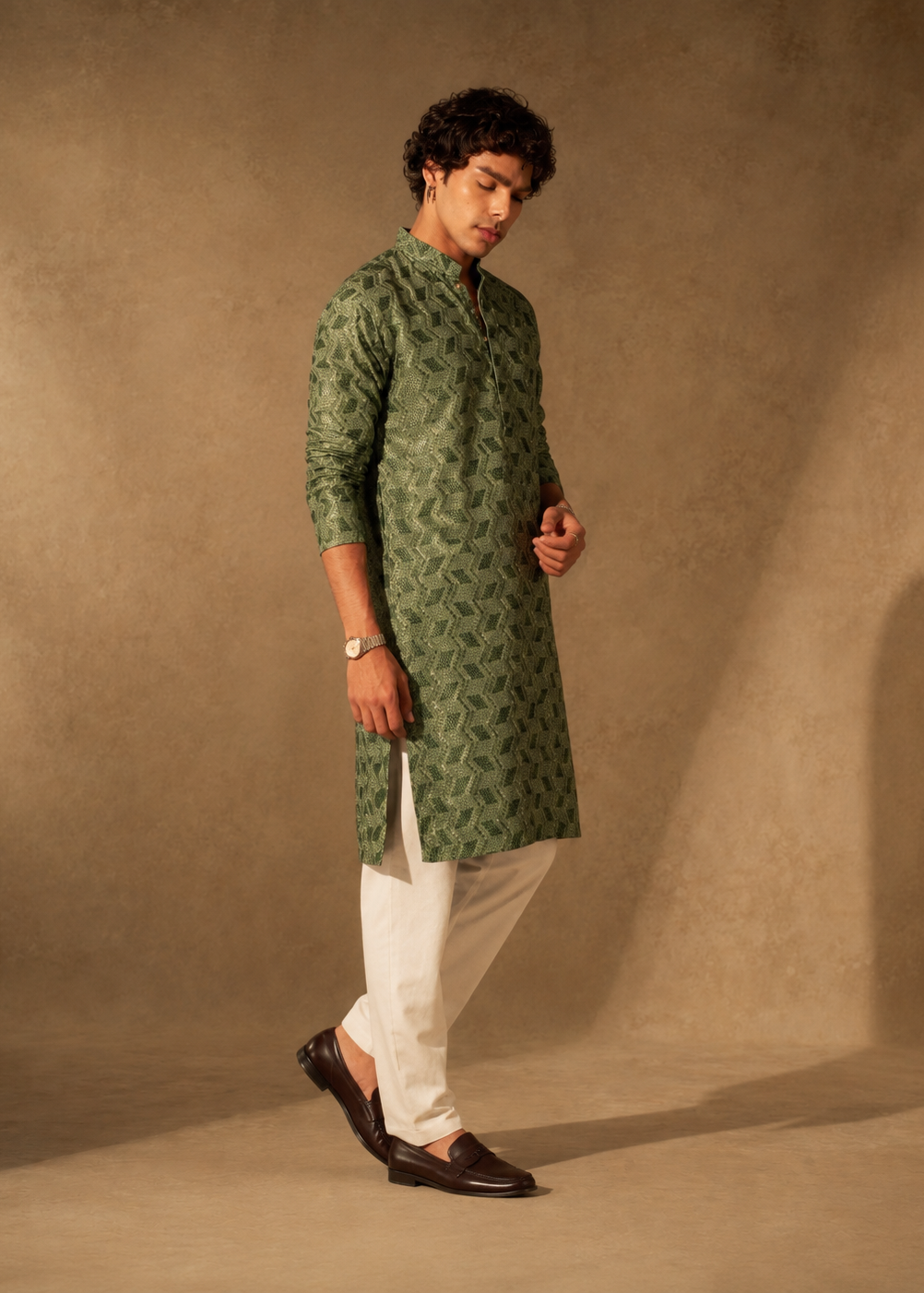 Men’s Olive Green Geometric Jacquard Kurta with White Trousers