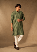 Men’s Olive Green Geometric Jacquard Kurta with White Trousers