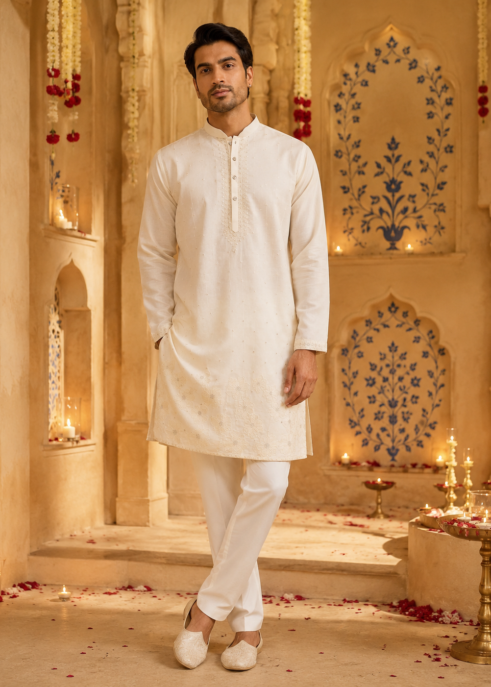 Men White Cream Embroidered  Festive Kurta Trouser Set