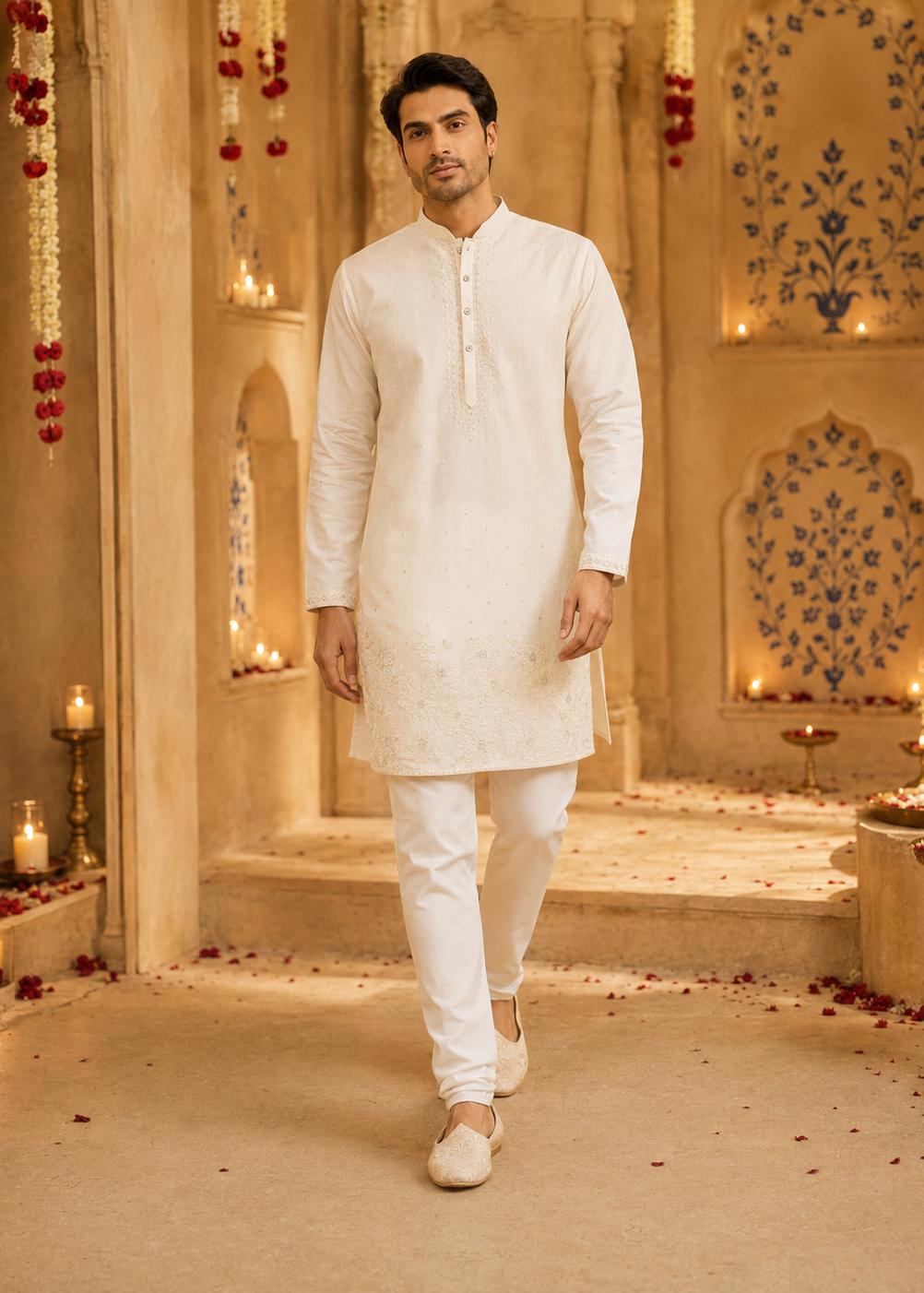 Men White Cream Embroidered  Festive Kurta Trouser Set