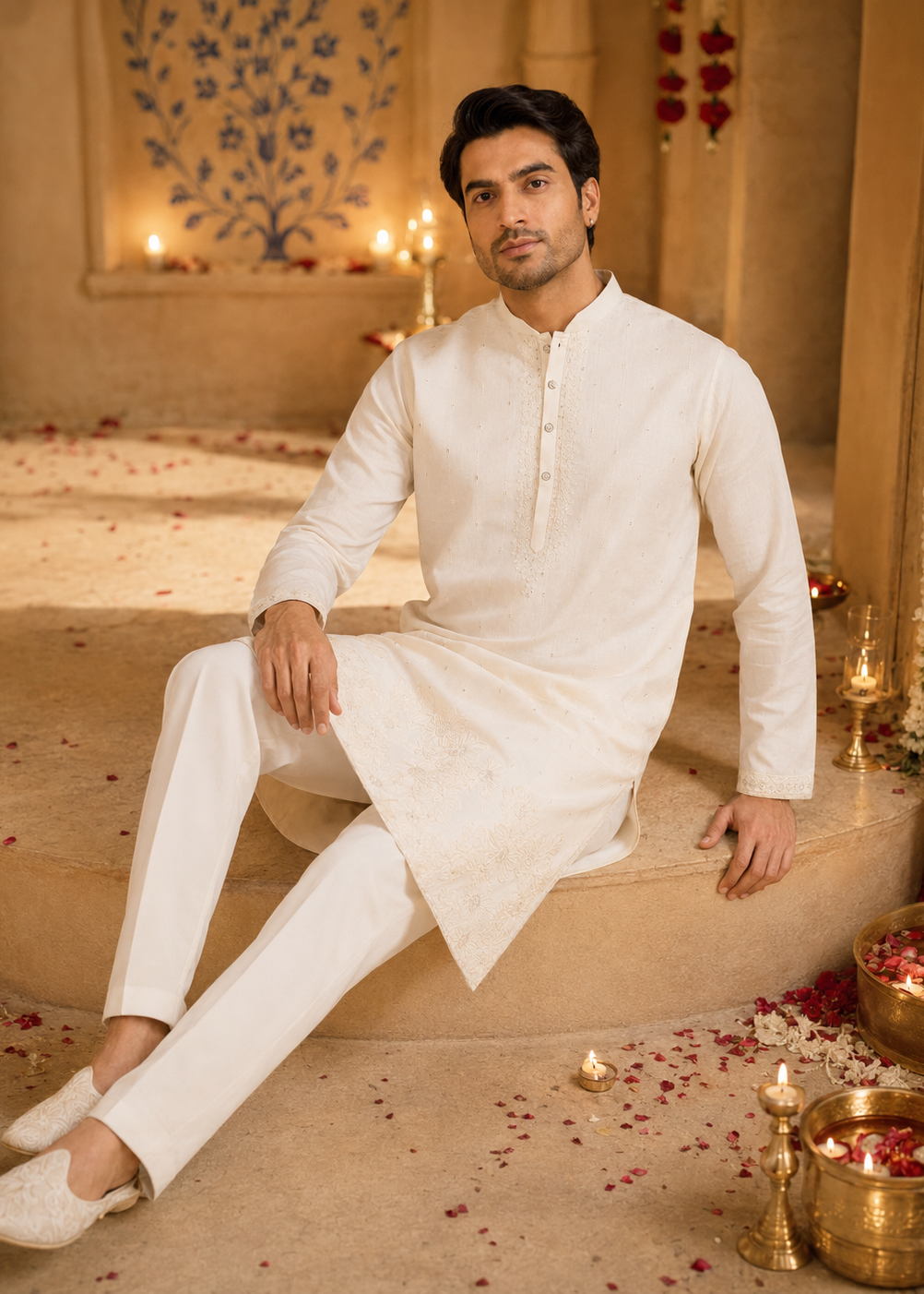 Men White Cream Embroidered  Festive Kurta Trouser Set