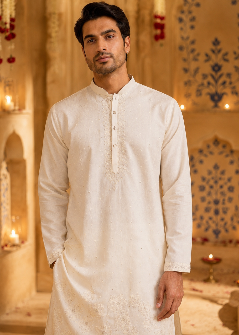 Men White Cream Embroidered  Festive Kurta Trouser Set