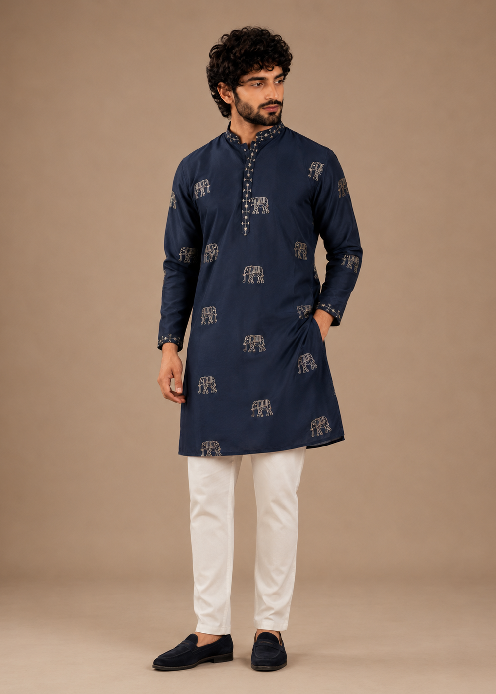 Men Navy Blue Elephant Embroidered Kurta Trouser Set