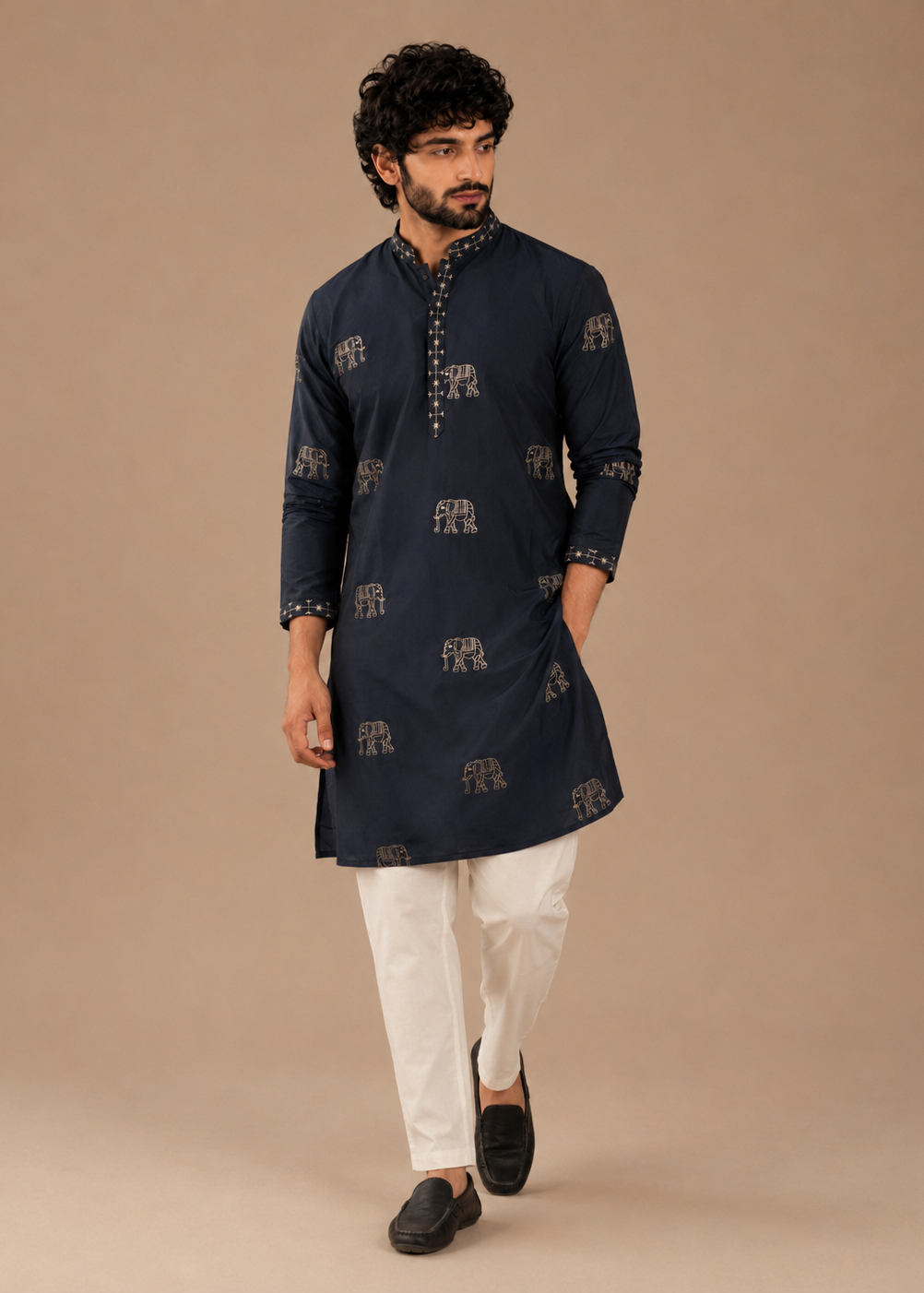 Men Navy Blue Elephant Embroidered Kurta Trouser Set