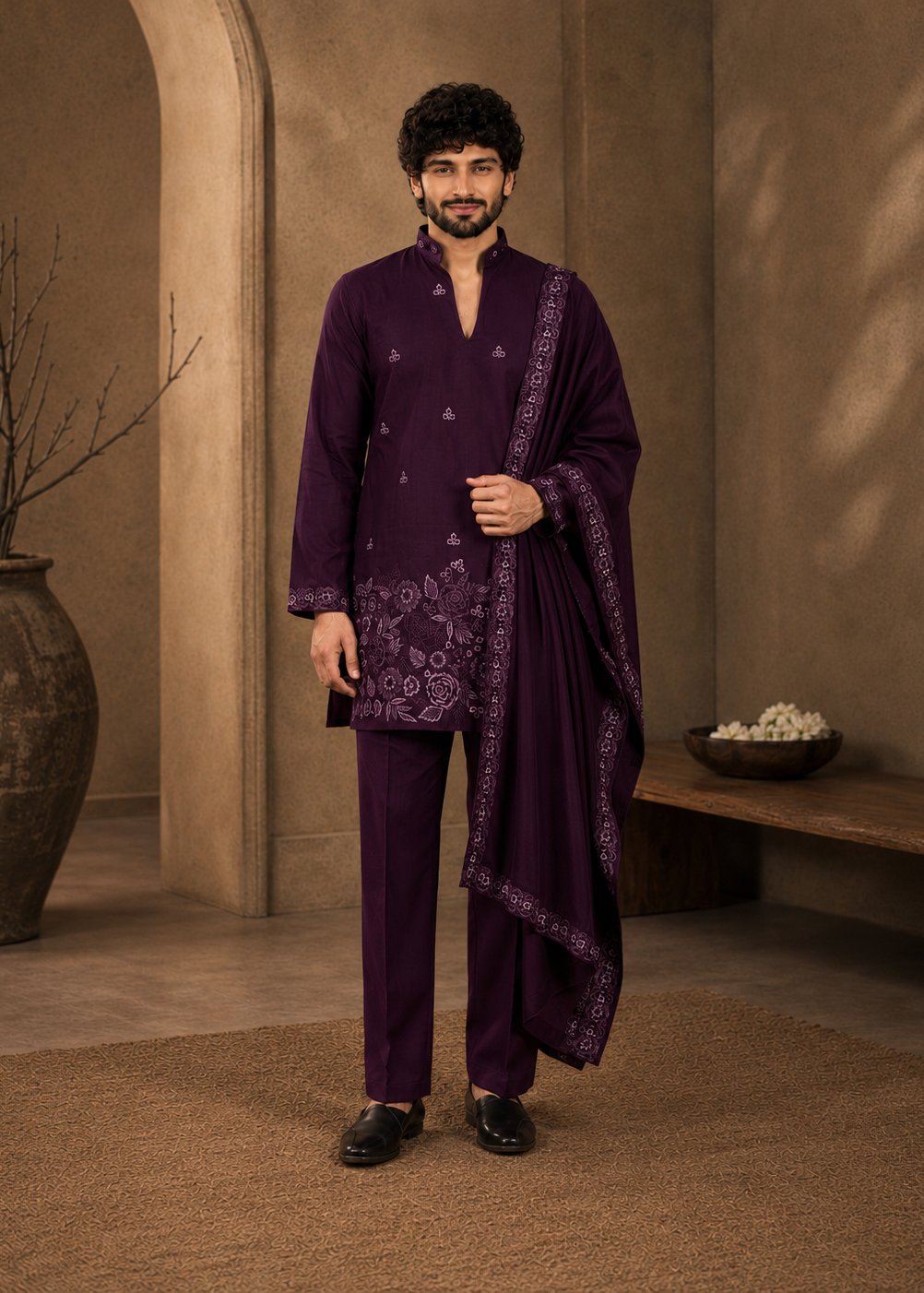 Men Plum Embroidered Kurta Trouser Set with Draped Dupatta