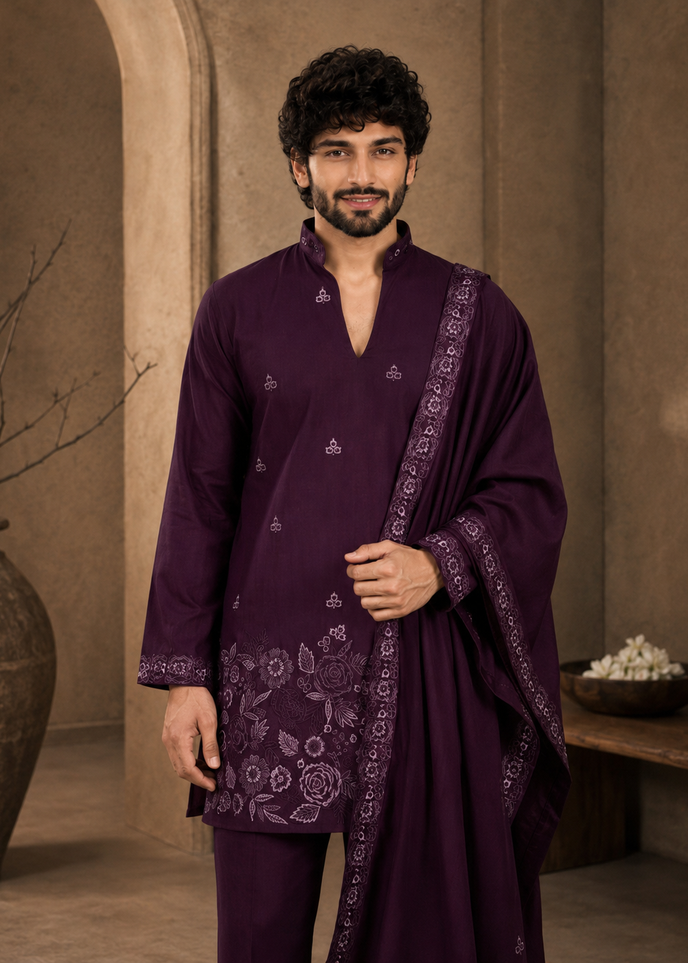 Men Plum Embroidered Kurta Trouser Set with Draped Dupatta