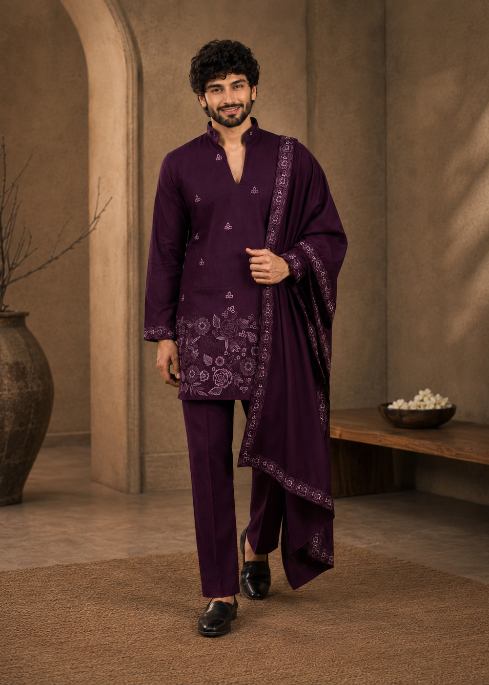 Men Plum Embroidered Kurta Trouser Set with Draped Dupatta