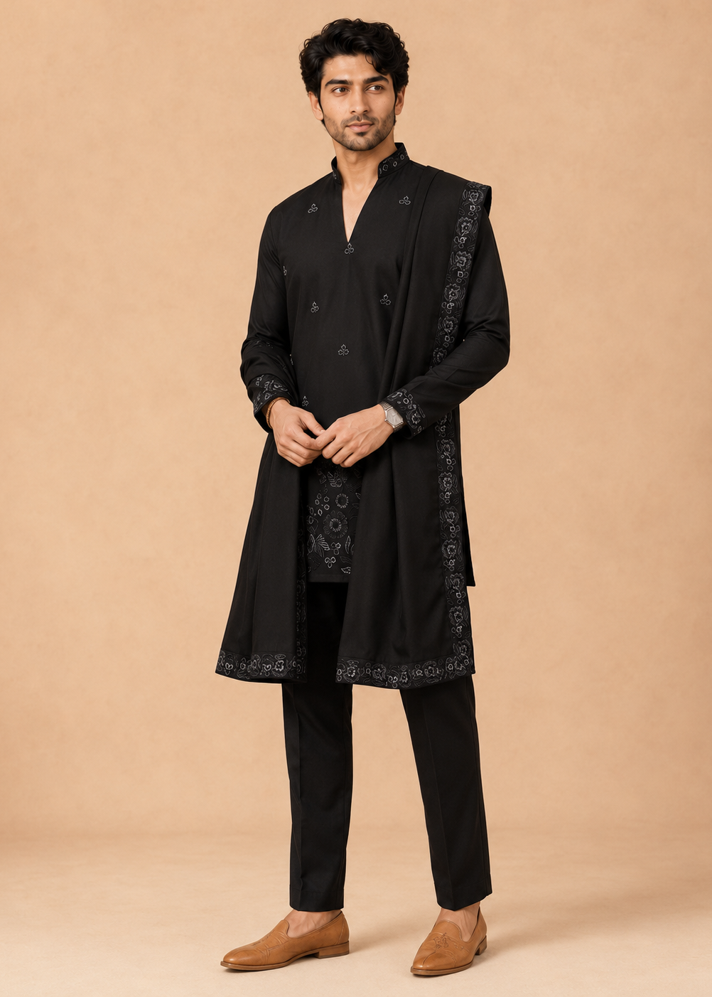 Men Black Embroidered Kurta Trouser Set with Draped Stole