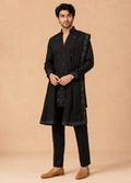 Men Black Embroidered Kurta Trouser Set with Draped Stole