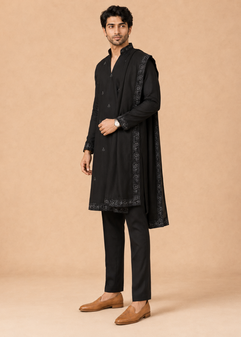 Men Black Embroidered Kurta Trouser Set with Draped Stole