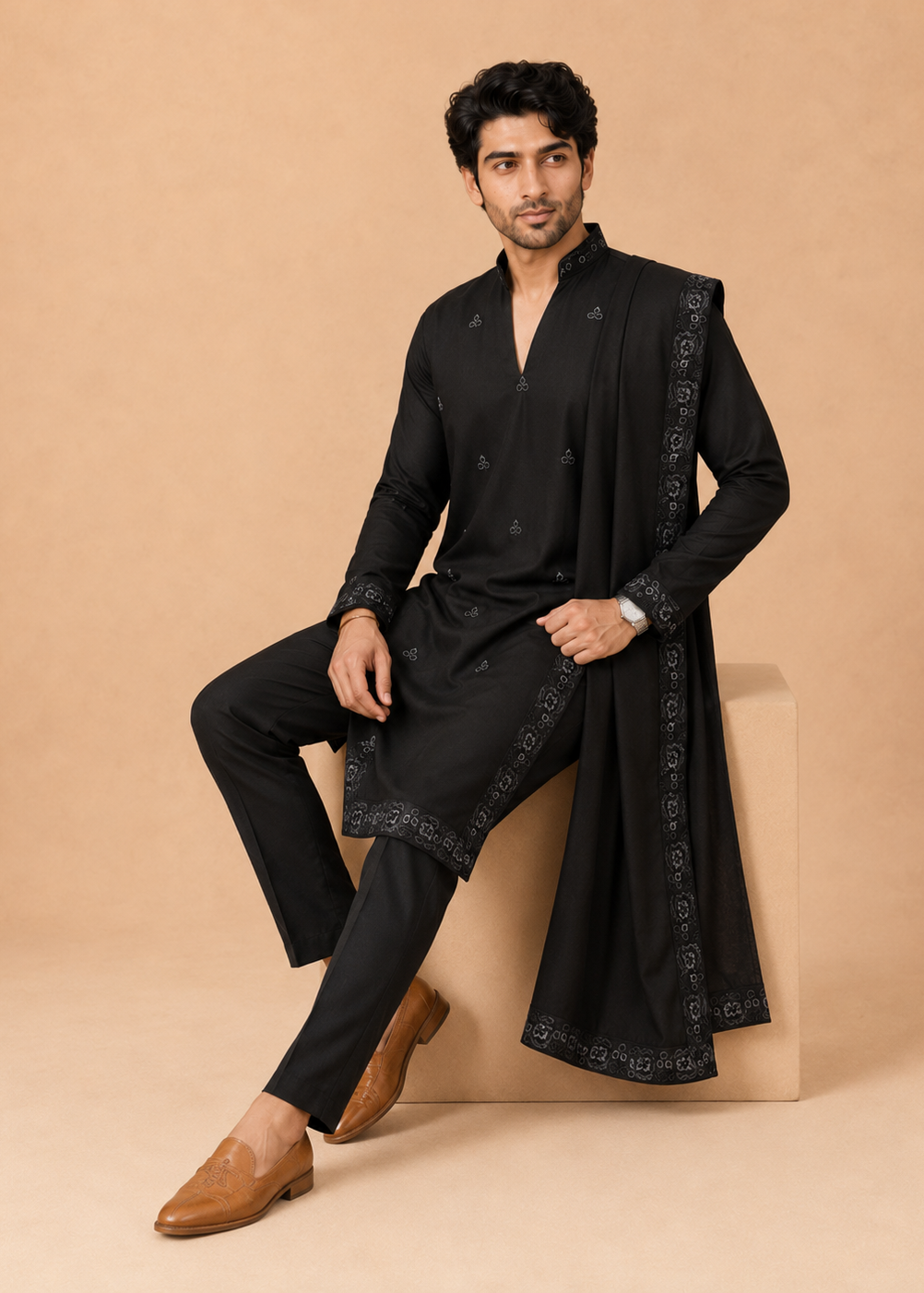 Men Black Embroidered Kurta Trouser Set with Draped Stole